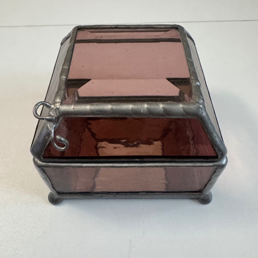 Vintage Stained Glass Jewelry Box Pink Beveled Mirror Bottom Trinket circa1990's